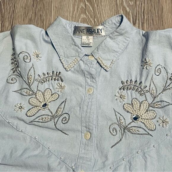 Vtg 80s Blue Button Down Pearl Floral Embellished Chambray Oversized Shirt 1X - Picture 13 of 16
